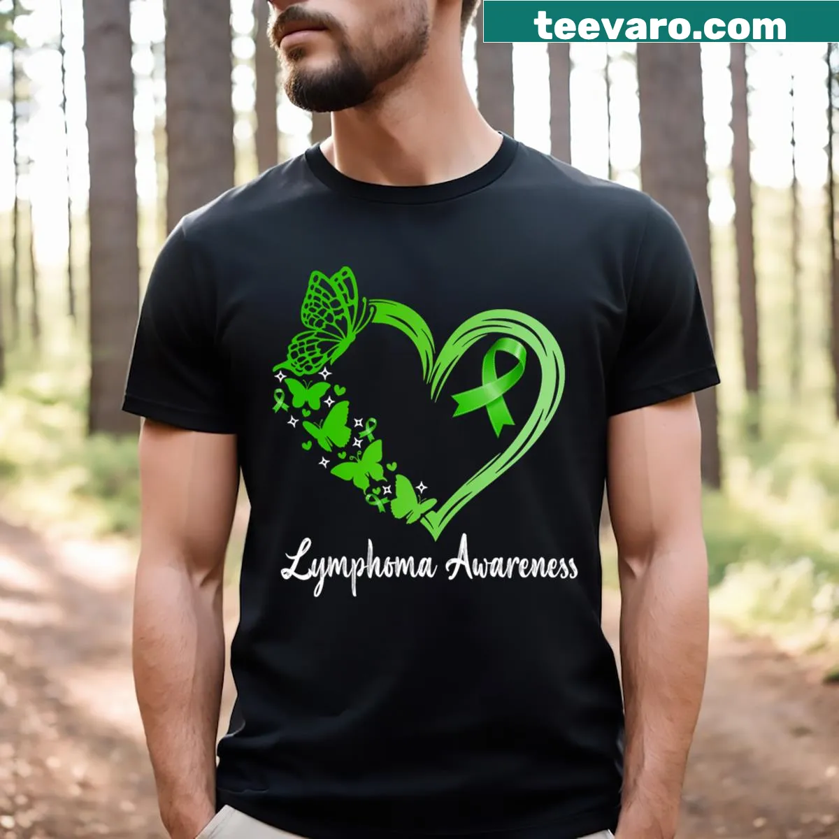 Heart-shaped green ribbon lymphoma awareness T-shirt with inspiring message — on a men's t-shirt
