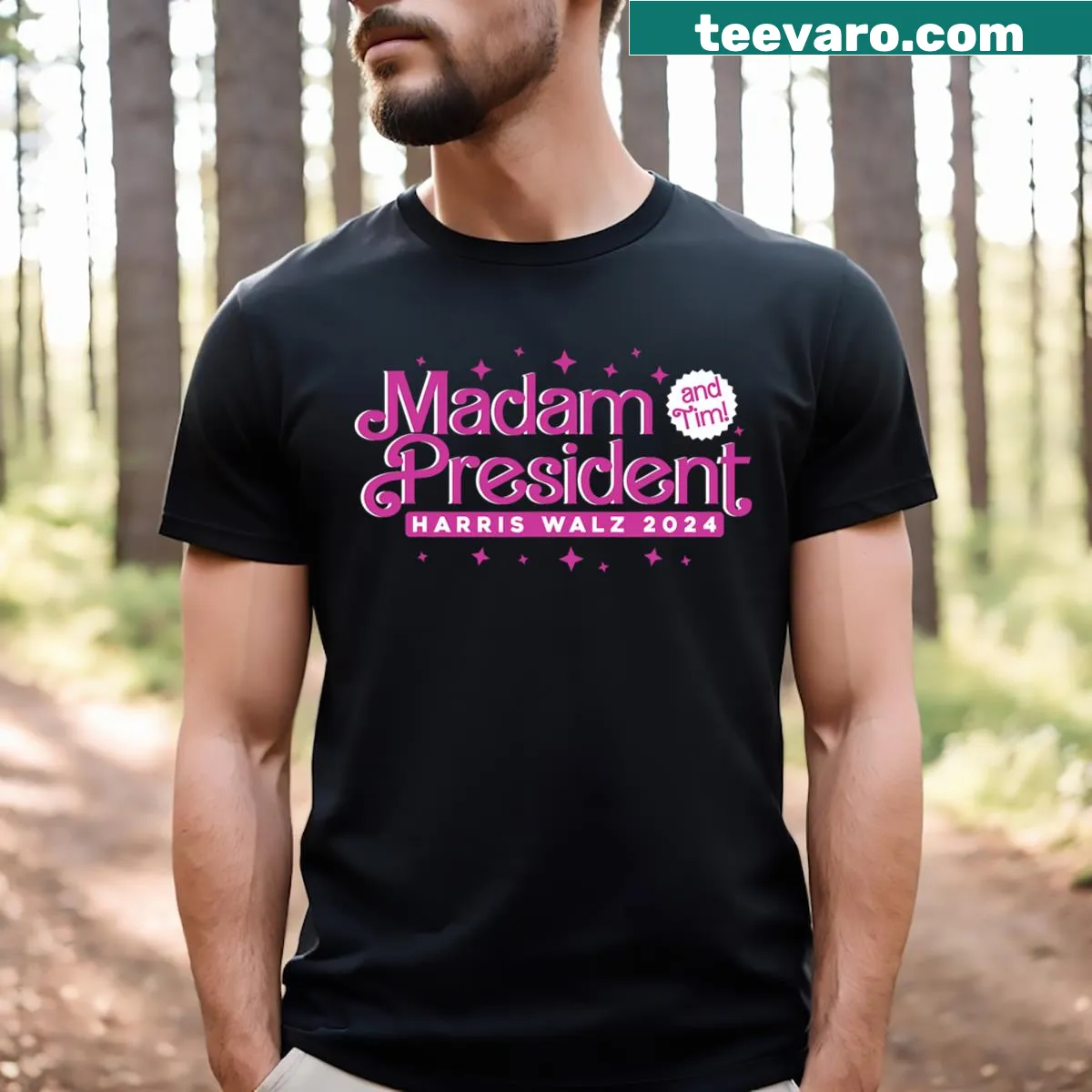 Bold presidential campaign T-shirt featuring Madam President and Tim — on a men's t-shirt