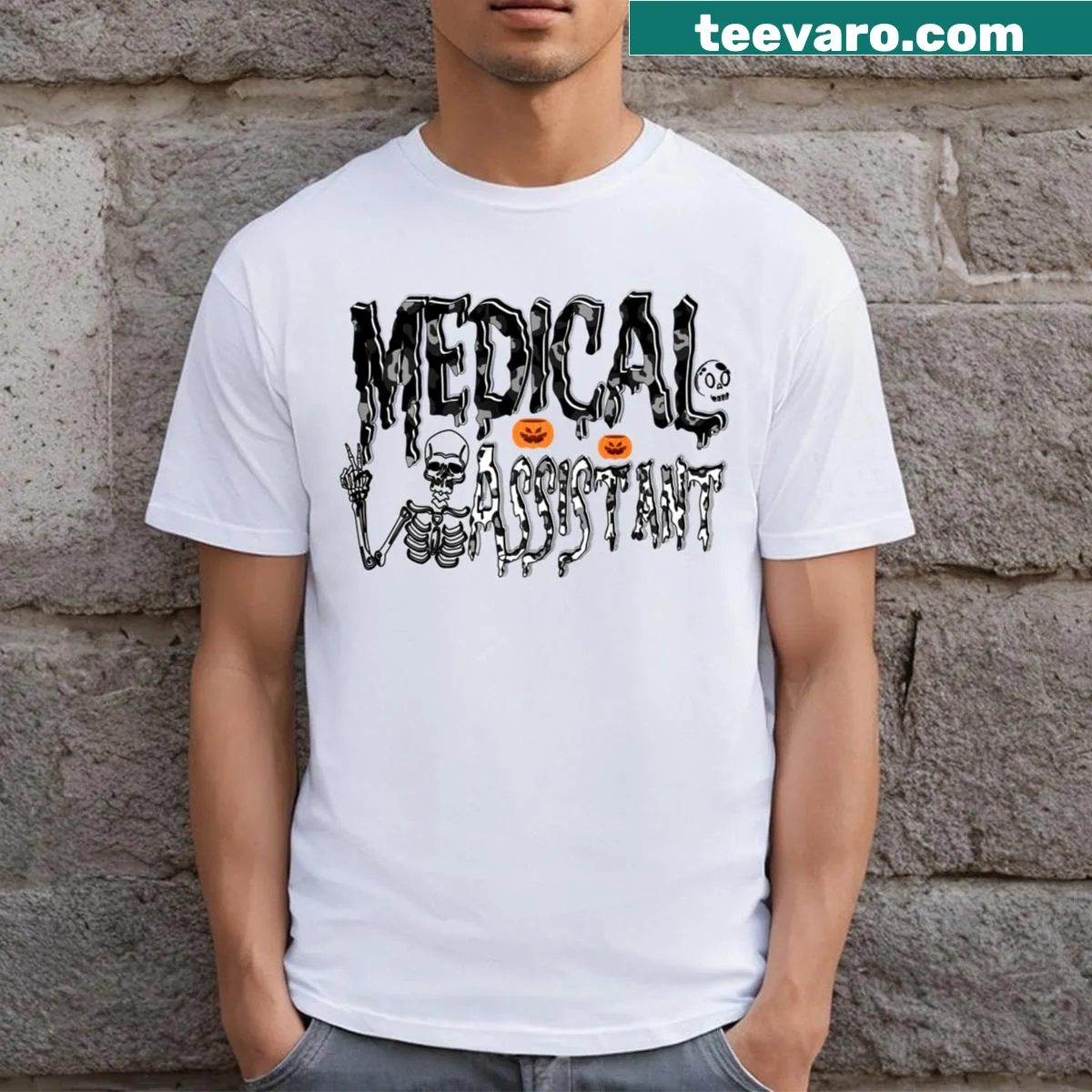 Halloween-themed t-shirt featuring leopard skeleton for medical assistants. — on a men's t-shirt