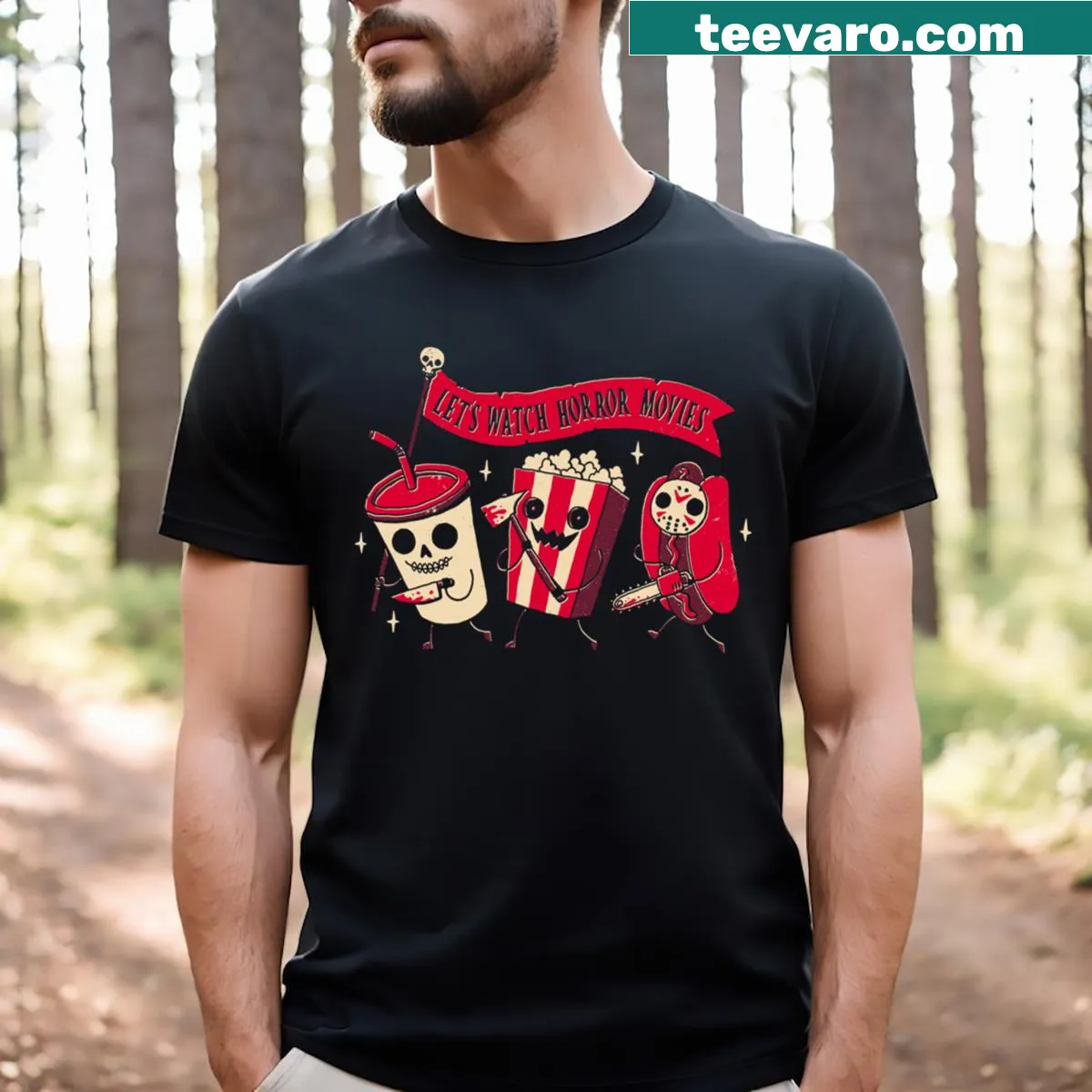 T-shirt featuring a design celebrating midnight movie screenings. — on a men's t-shirt