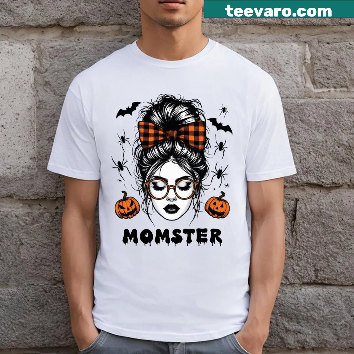 Funny Halloween tee for moms featuring a monster with messy hair bun — on a men's t-shirt