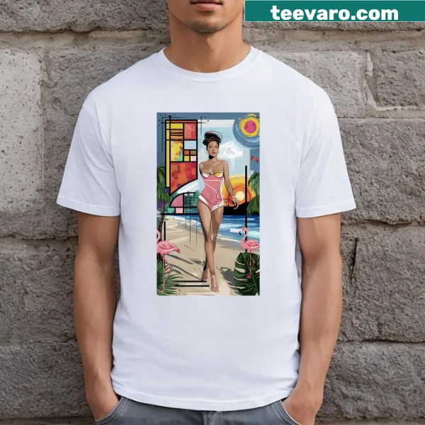 T-shirt with abstract design of flamingos inspired by Mondrian art