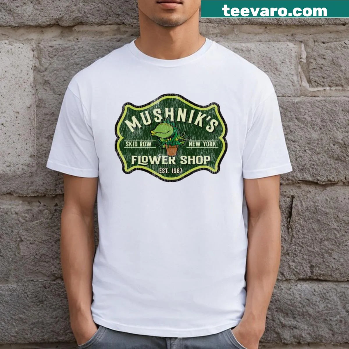 Vintage design of Mushniks Florist logo on a t-shirt — on a men's t-shirt