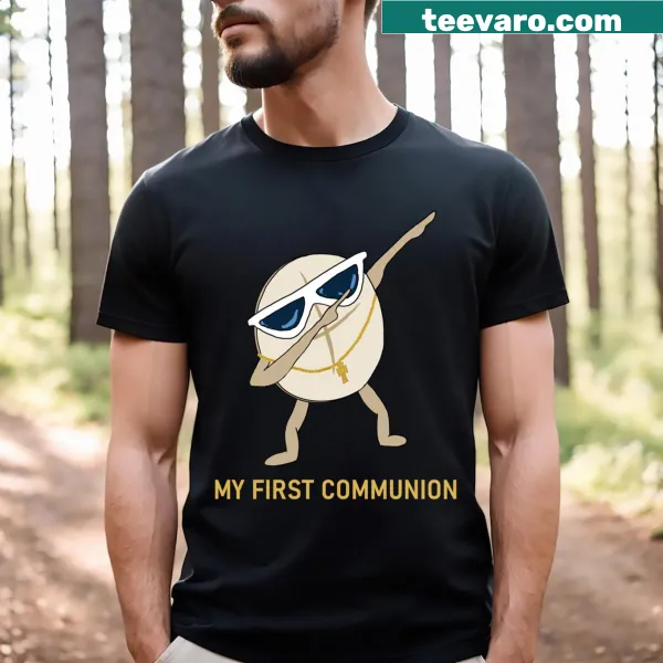 Dabbing communion wafer graphic on a First Communion t-shirt
