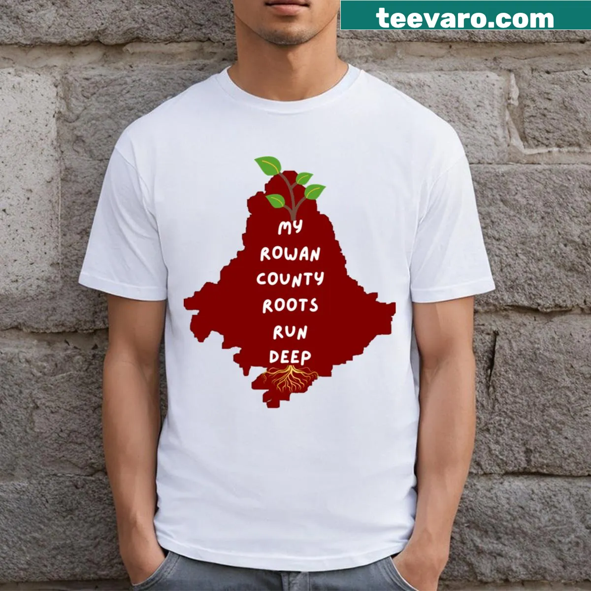 T-shirt with the phrase 'My Rowan County Roots Run Deep' in classic typography. — on a men's t-shirt