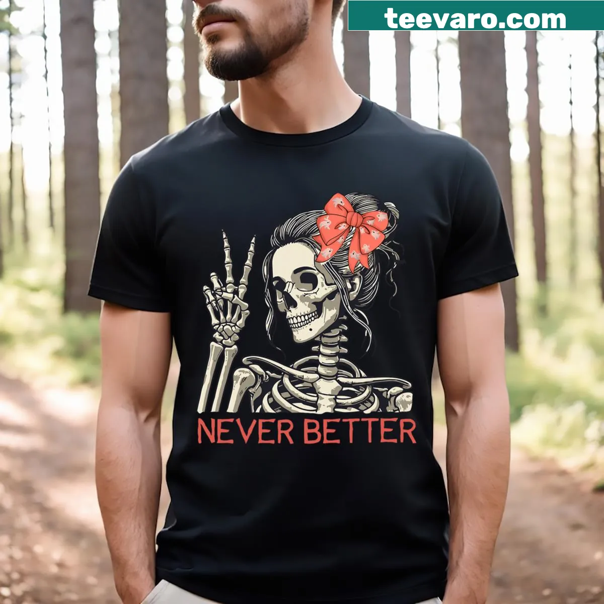 Humorous Halloween t-shirt featuring a skeleton with messy bun — on a men's t-shirt
