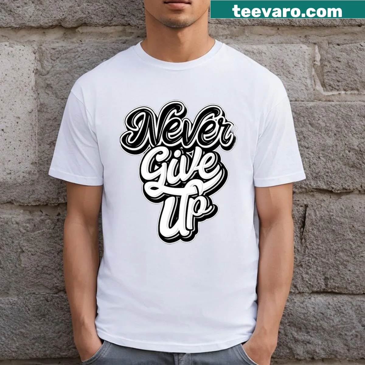 T-shirt featuring the motivational phrase 'Never Give Up' in bold text. — on a men's t-shirt