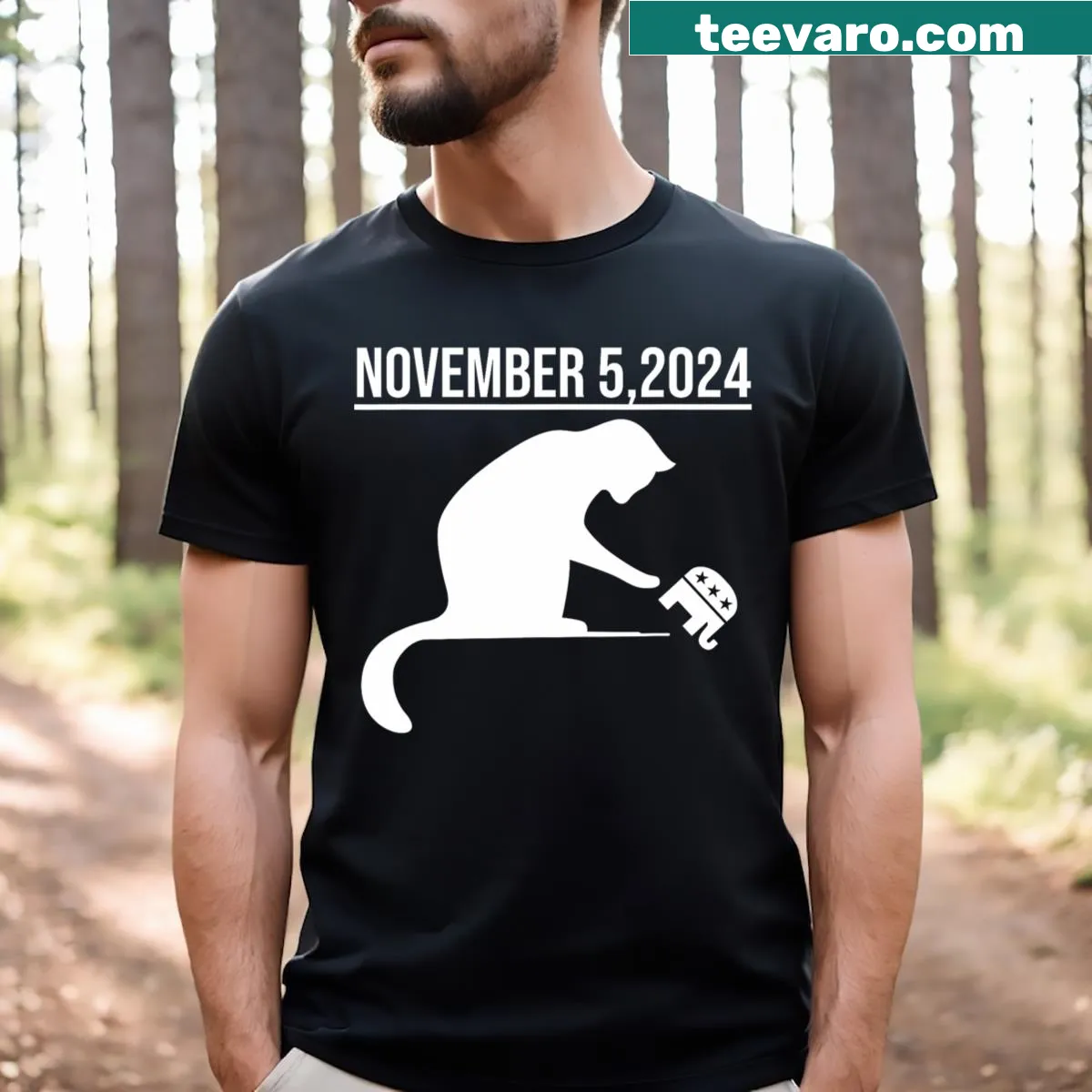 Whimsical cat-themed T-shirt with a humorous empowerment graphic — on a men's t-shirt