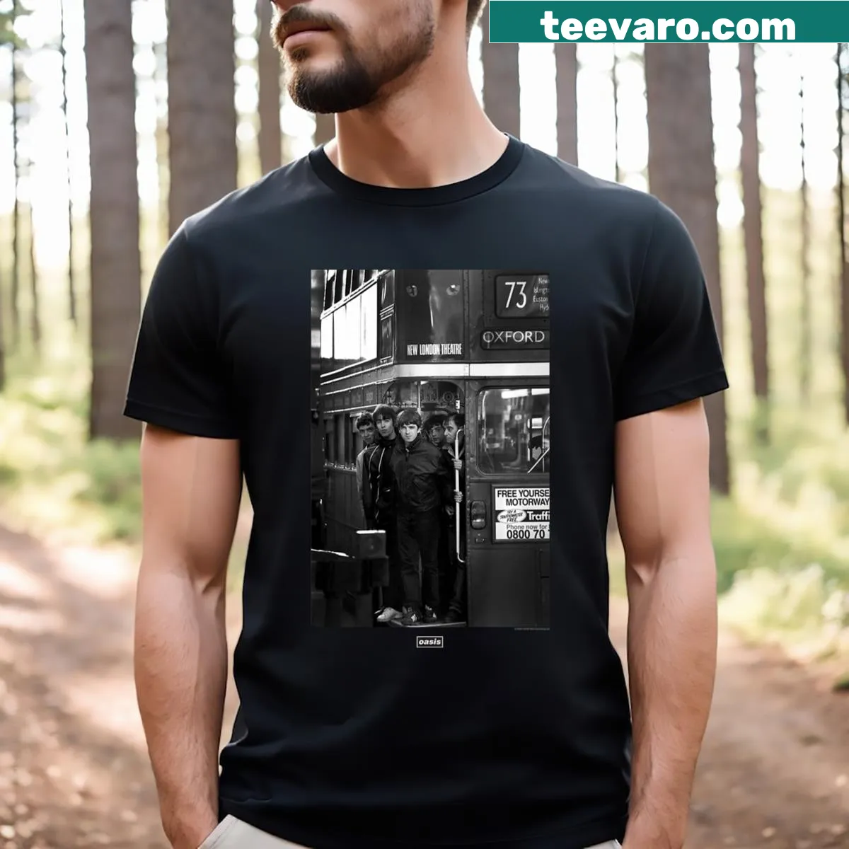 T-shirt featuring a photograph of a red London bus — on a men's t-shirt