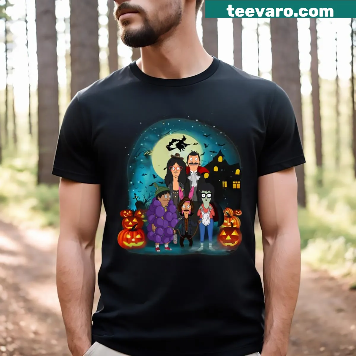Bob's Burgers Halloween-themed T-shirt featuring family characters — on a men's t-shirt