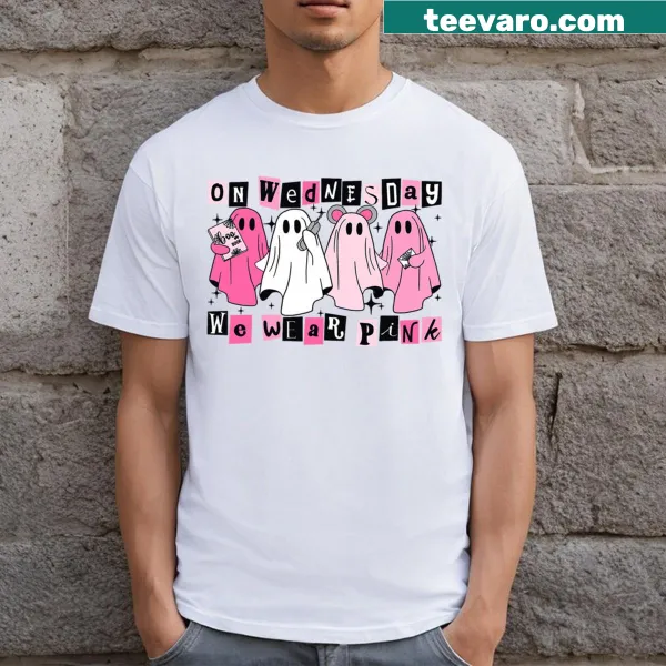 T-shirt displaying the phrase 'On Wednesday We Wear Cute Pink Ghost' with playful ghost graphics