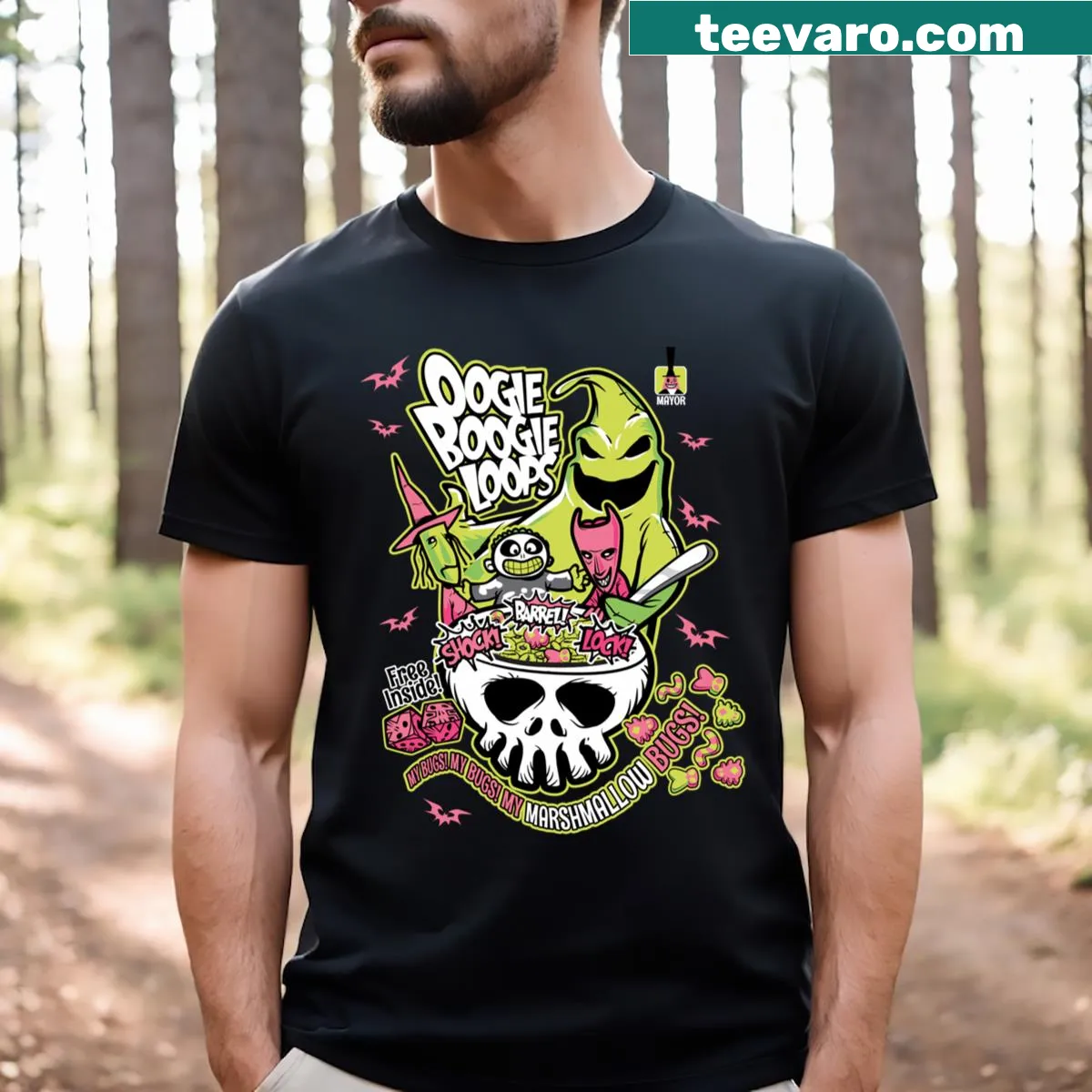 Whimsical Oogie Boogie character graphic T-shirt. — on a men's t-shirt