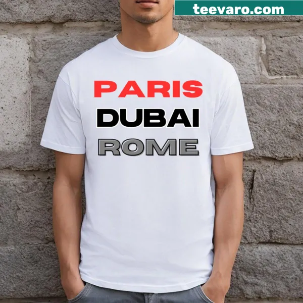 Minimalist travel T-shirt featuring silhouettes of Paris, Dubai, and Rome landmarks.