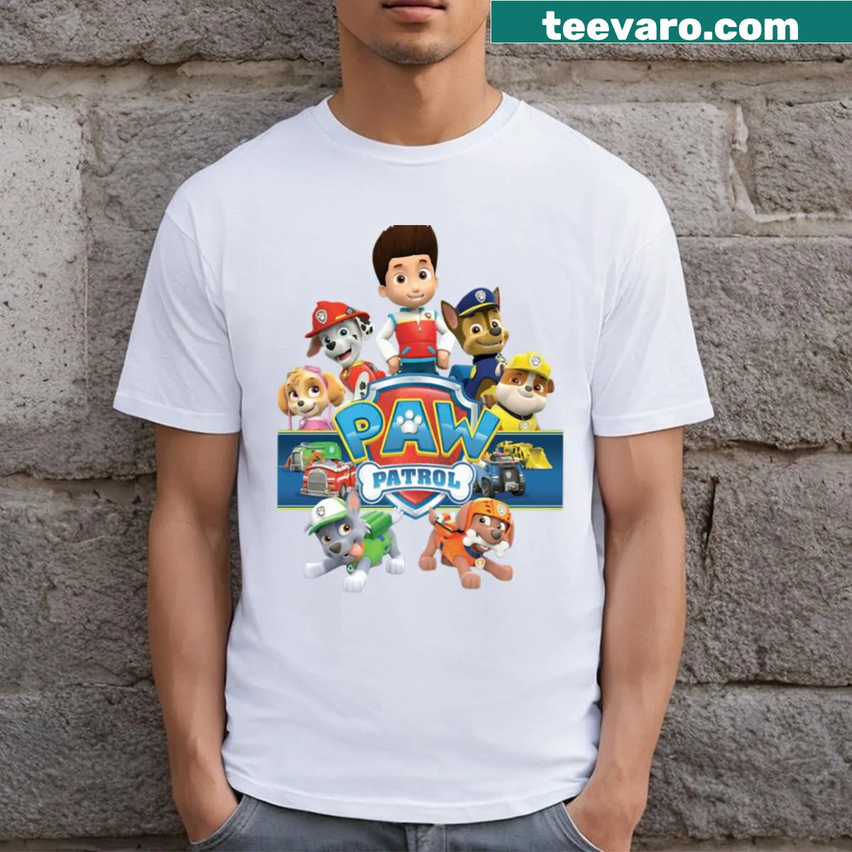 T-shirt featuring Paw Patrol characters in a fun graphic — on a men's t-shirt