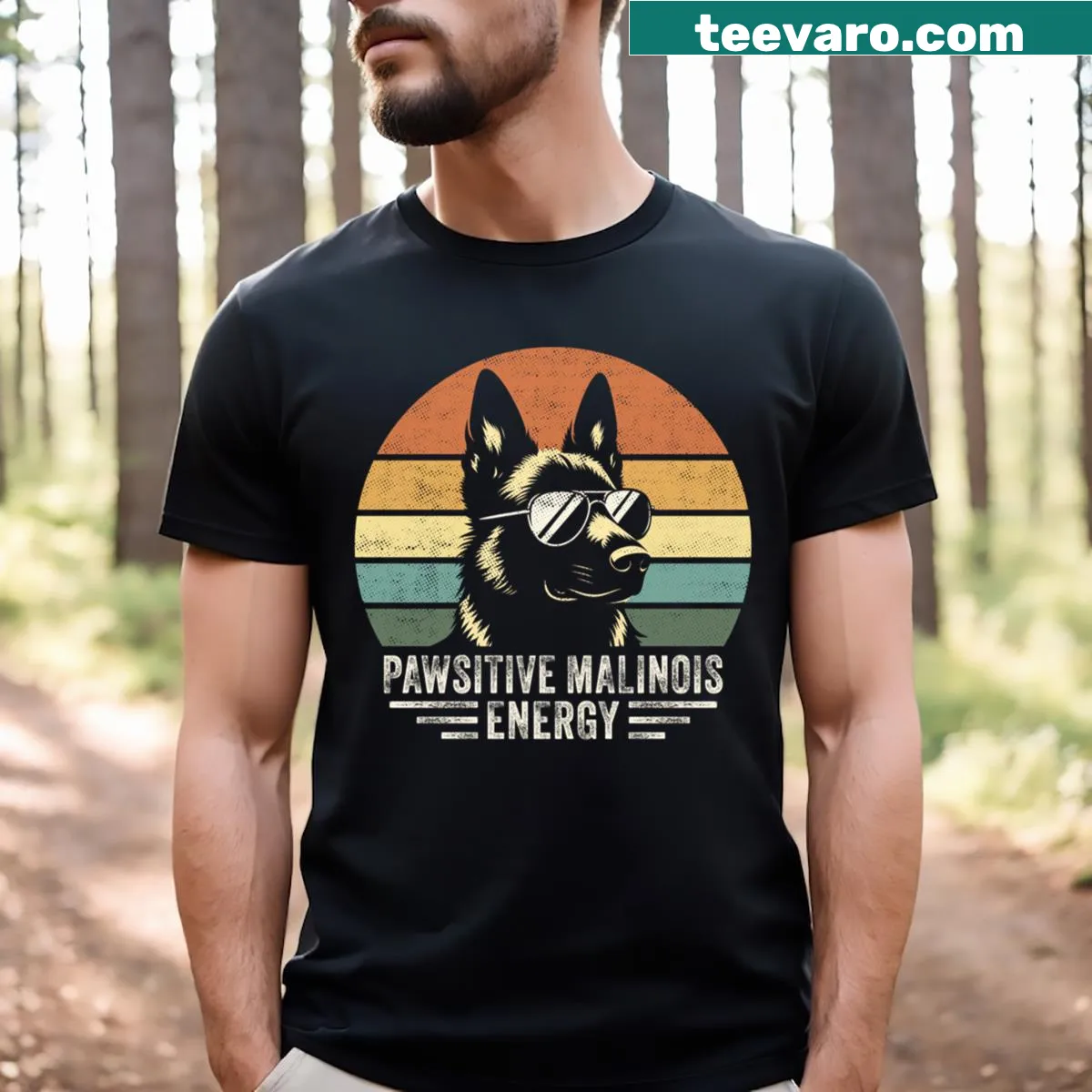 Vintage-style graphic t-shirt featuring a Belgian Malinois and sunset — on a men's t-shirt