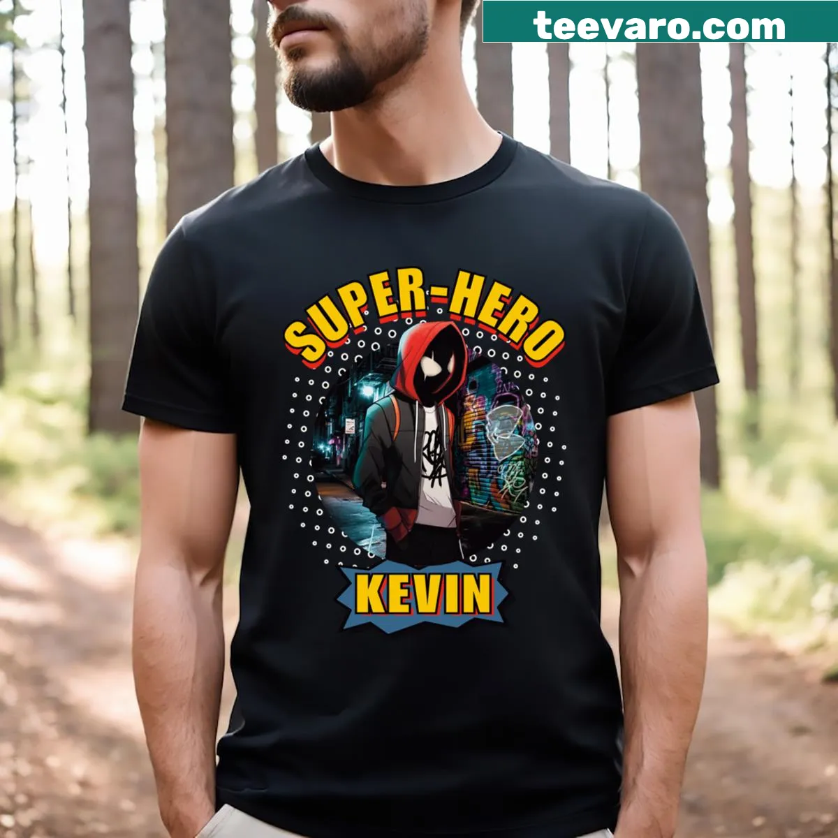 Personalized superhero T-shirt with the name 'Kevin'. — on a men's t-shirt