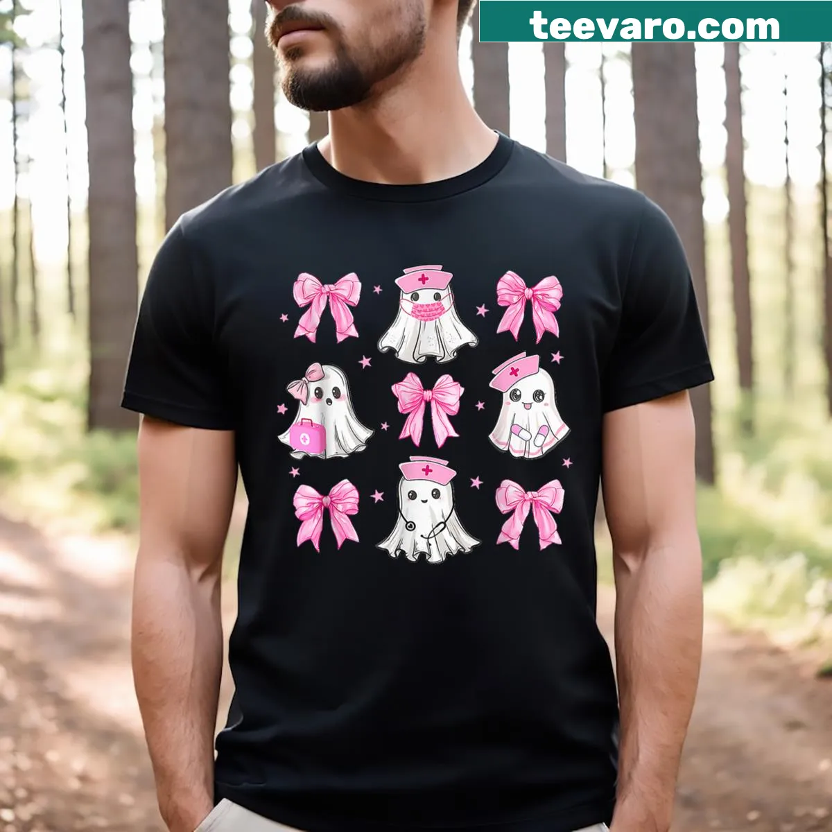 Halloween nurse t-shirt with pink ghosts and medical symbols — on a men's t-shirt
