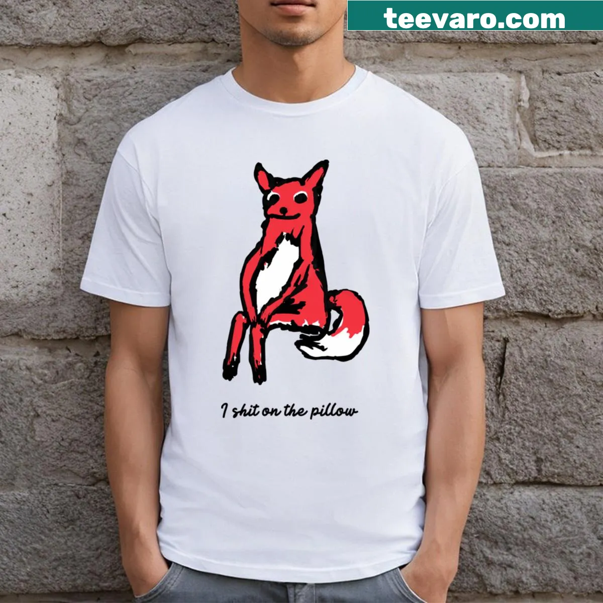 Illustrated poised fox graphic humorously depicting natural behavior — on a men's t-shirt