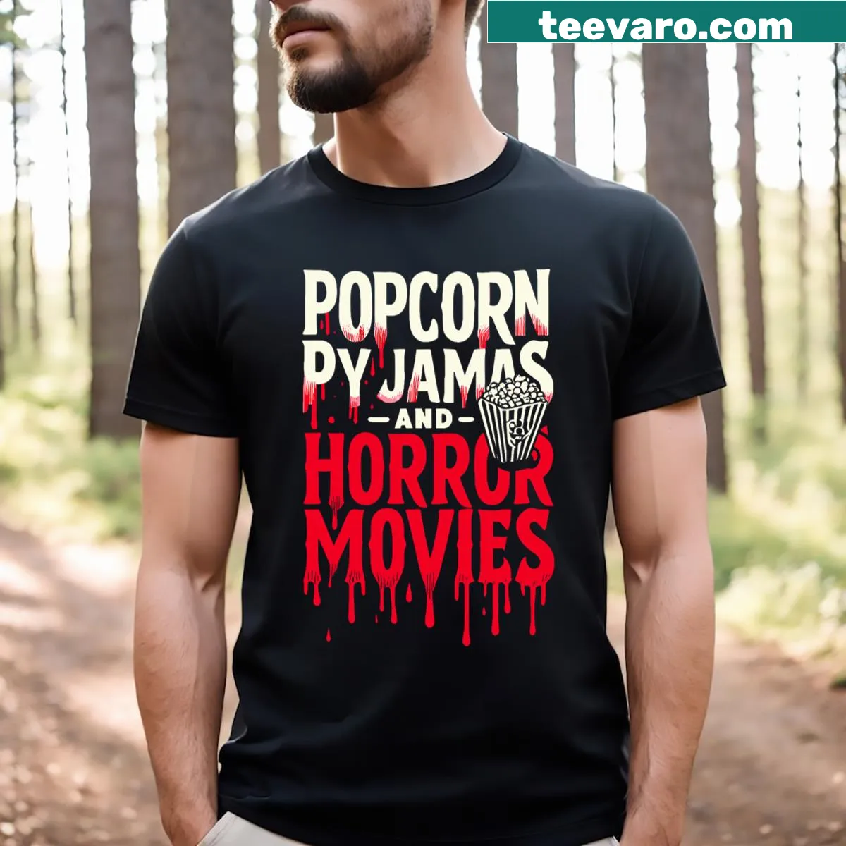 Funny horror movie lover t-shirt featuring popcorn and horror motifs — on a men's t-shirt