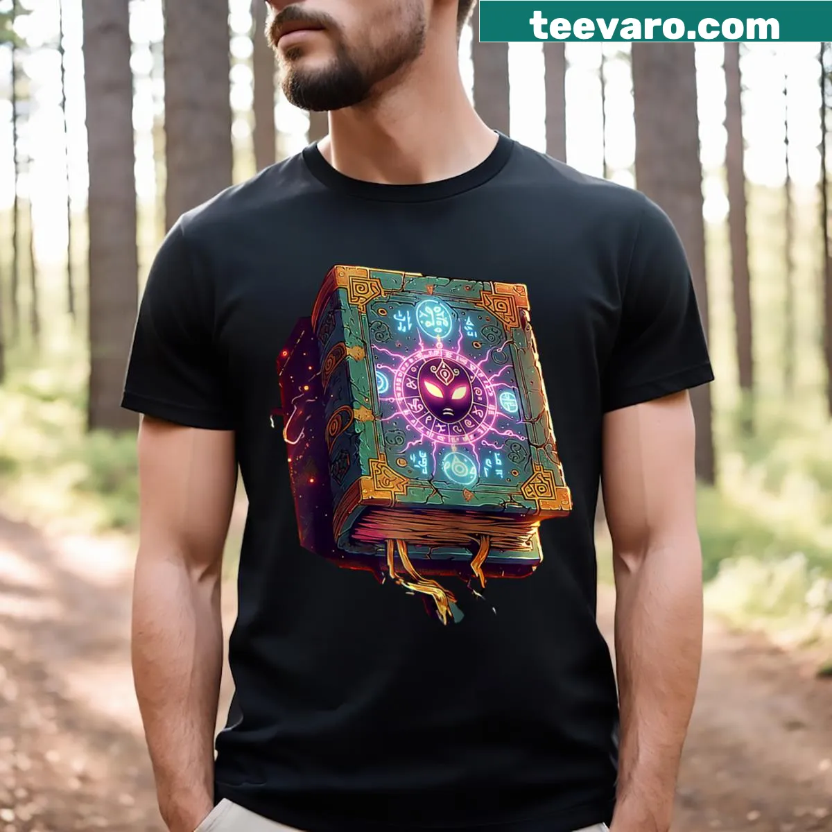 Funny Halloween-themed T-shirt with spellbook graphic — on a men's t-shirt