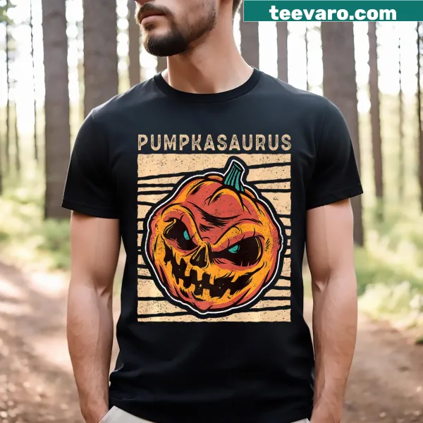 Cartoon Pumpkasaurus graphic on a Halloween t-shirt