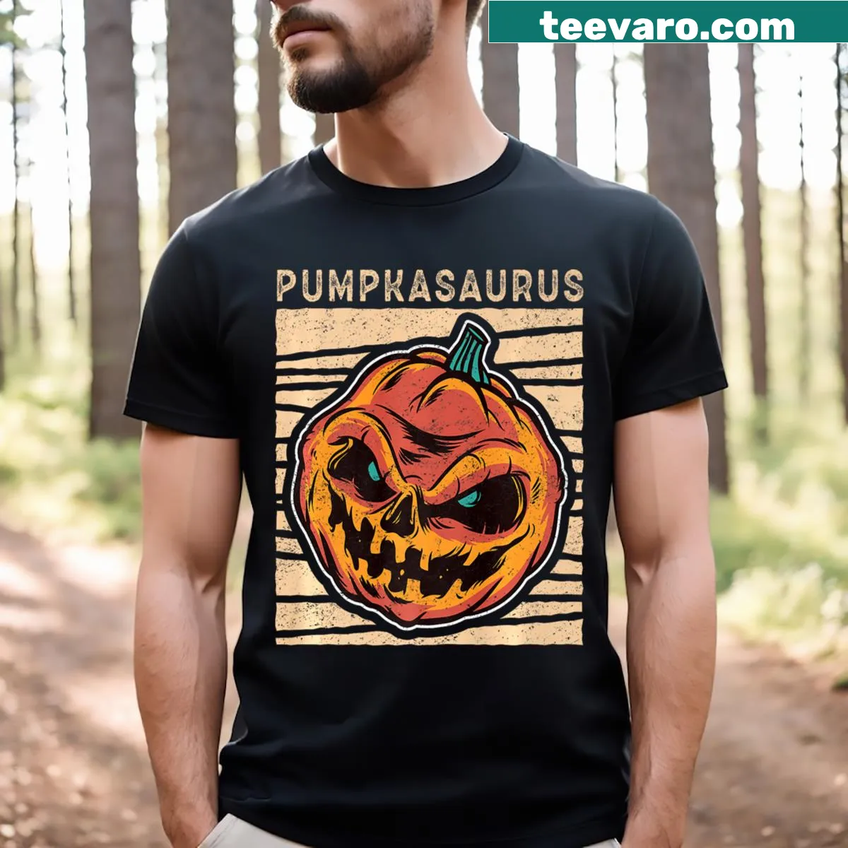 Cartoon Pumpkasaurus graphic on a Halloween t-shirt — on a men's t-shirt