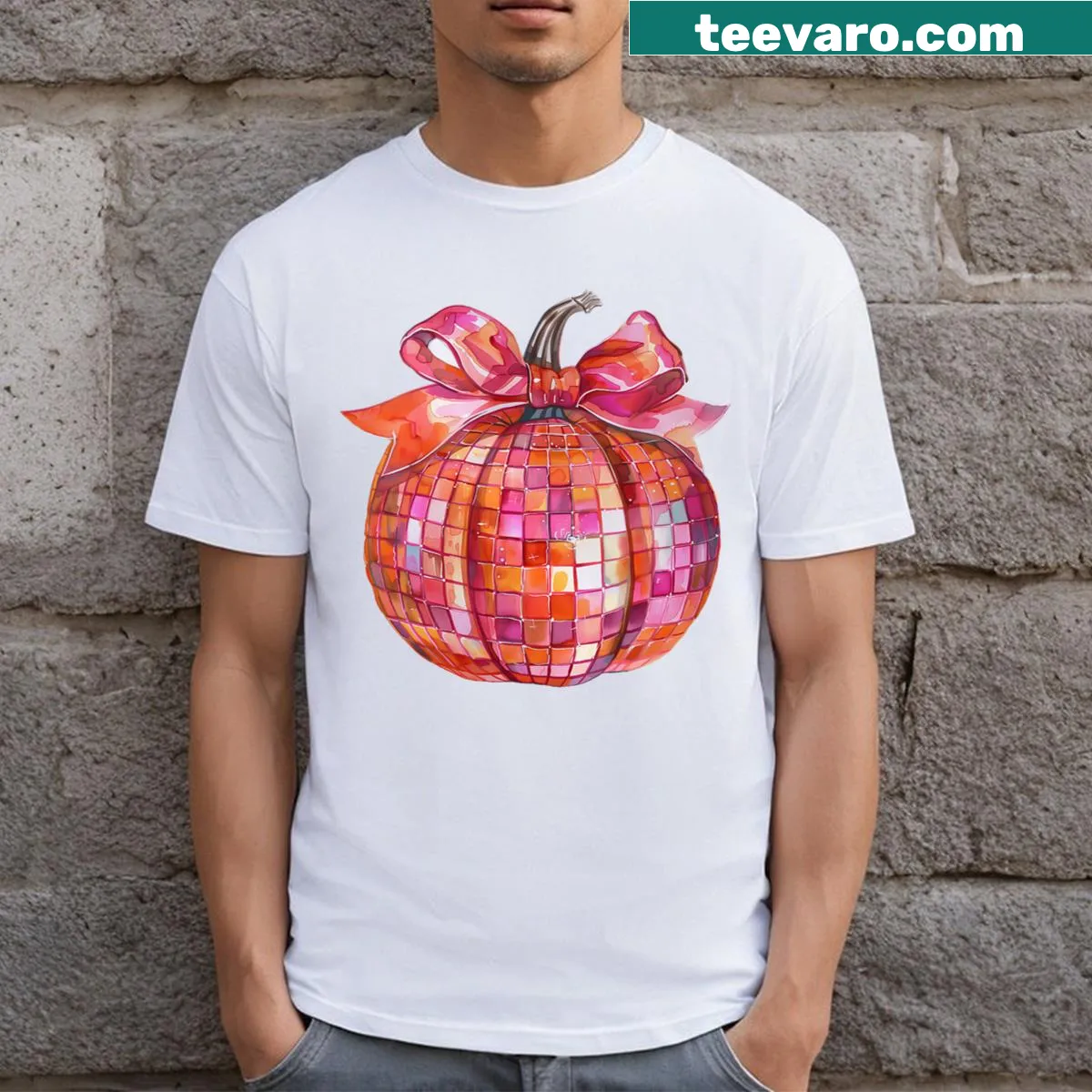 Whimsical pumpkin and bow graphic on a Halloween t-shirt — on a men's t-shirt