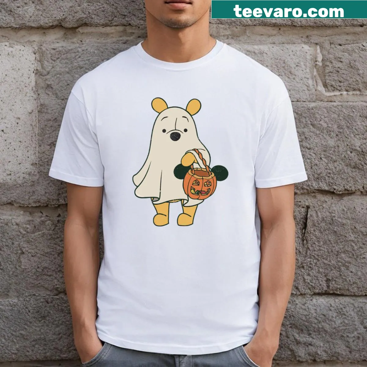 Retro Halloween graphic featuring pumpkins and playful ghosts — on a men's t-shirt