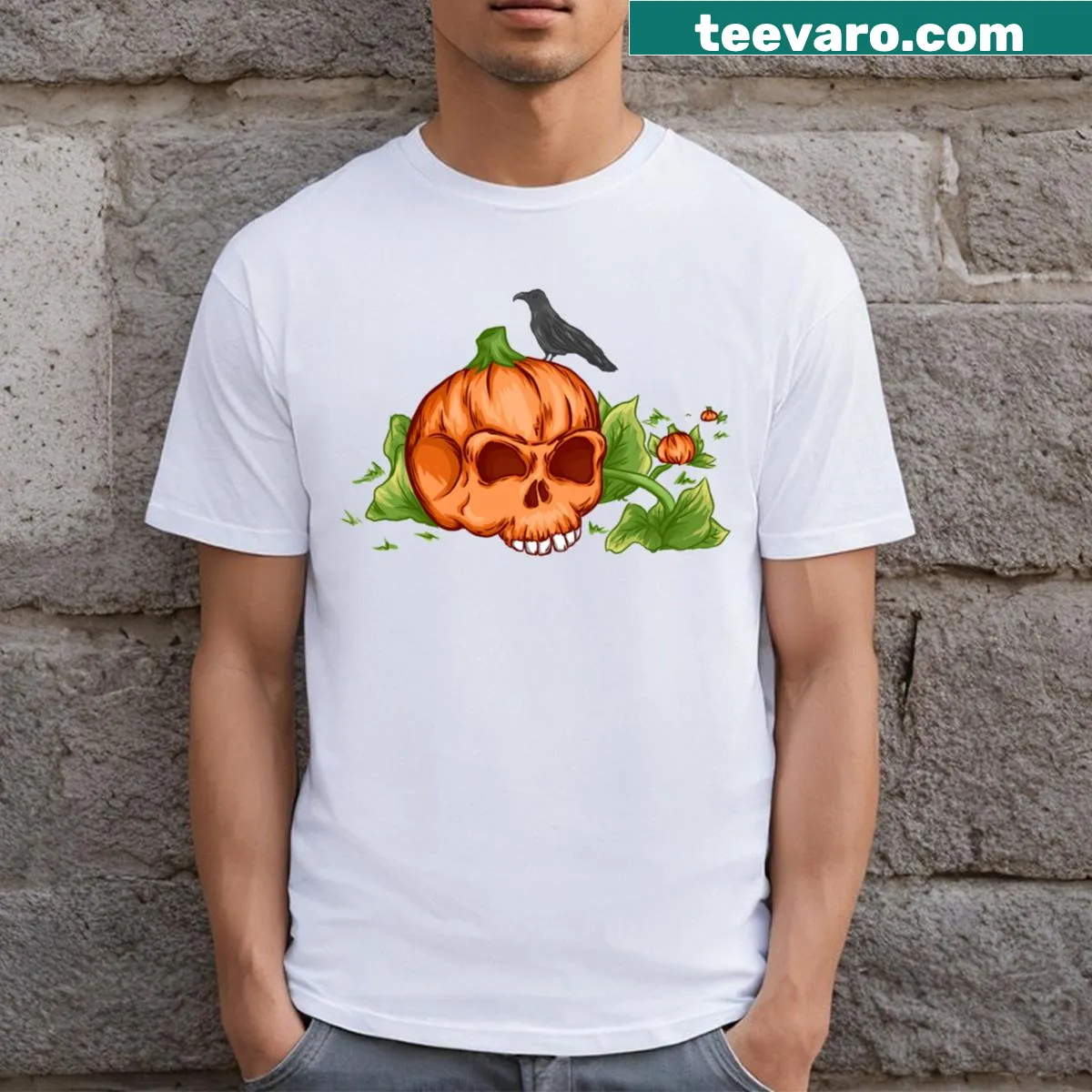 Stylish pumpkin skull design for Halloween, edgy T-shirt — on a men's t-shirt