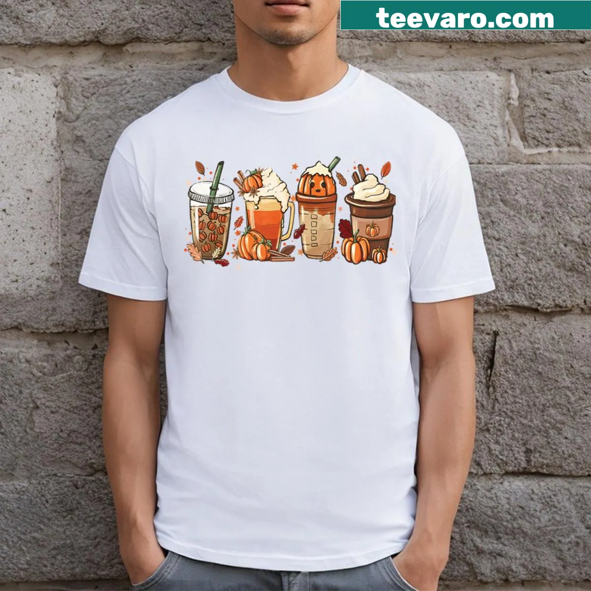 Illustrated pumpkin spice latte design for fall season, cozy T-shirt — on a men's t-shirt