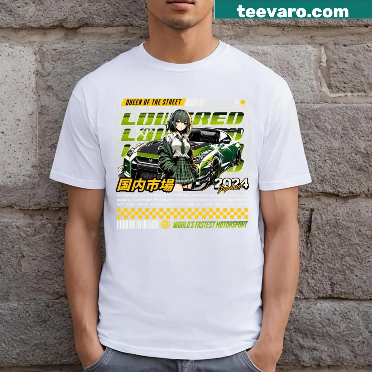 Japanese street racing themed T-shirt with anime illustration — on a men's t-shirt