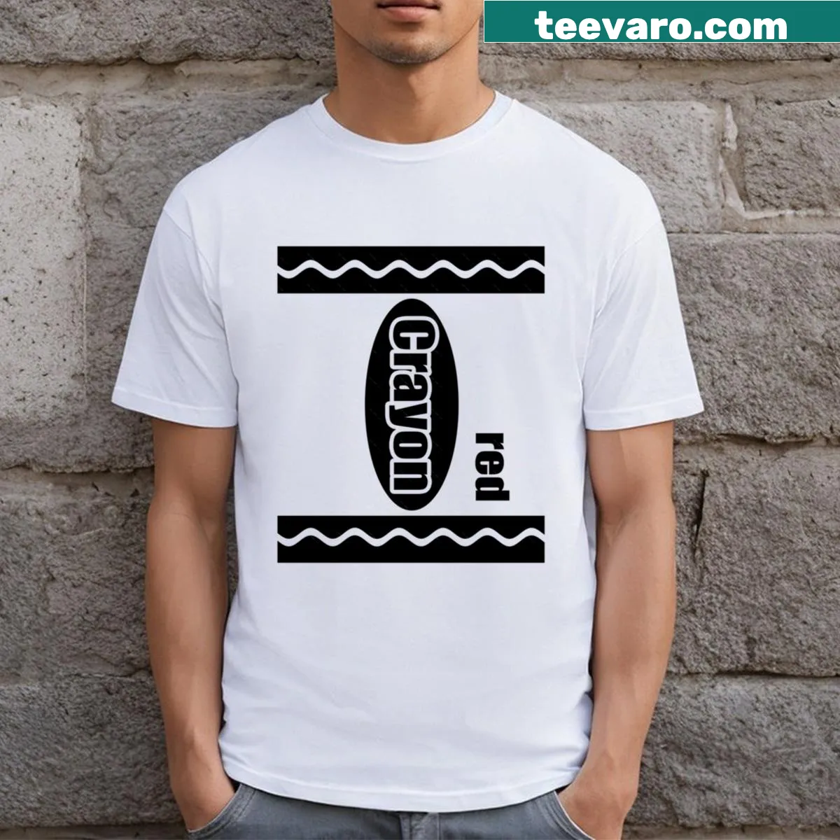Graphic t-shirt resembling a red crayon costume — on a men's t-shirt