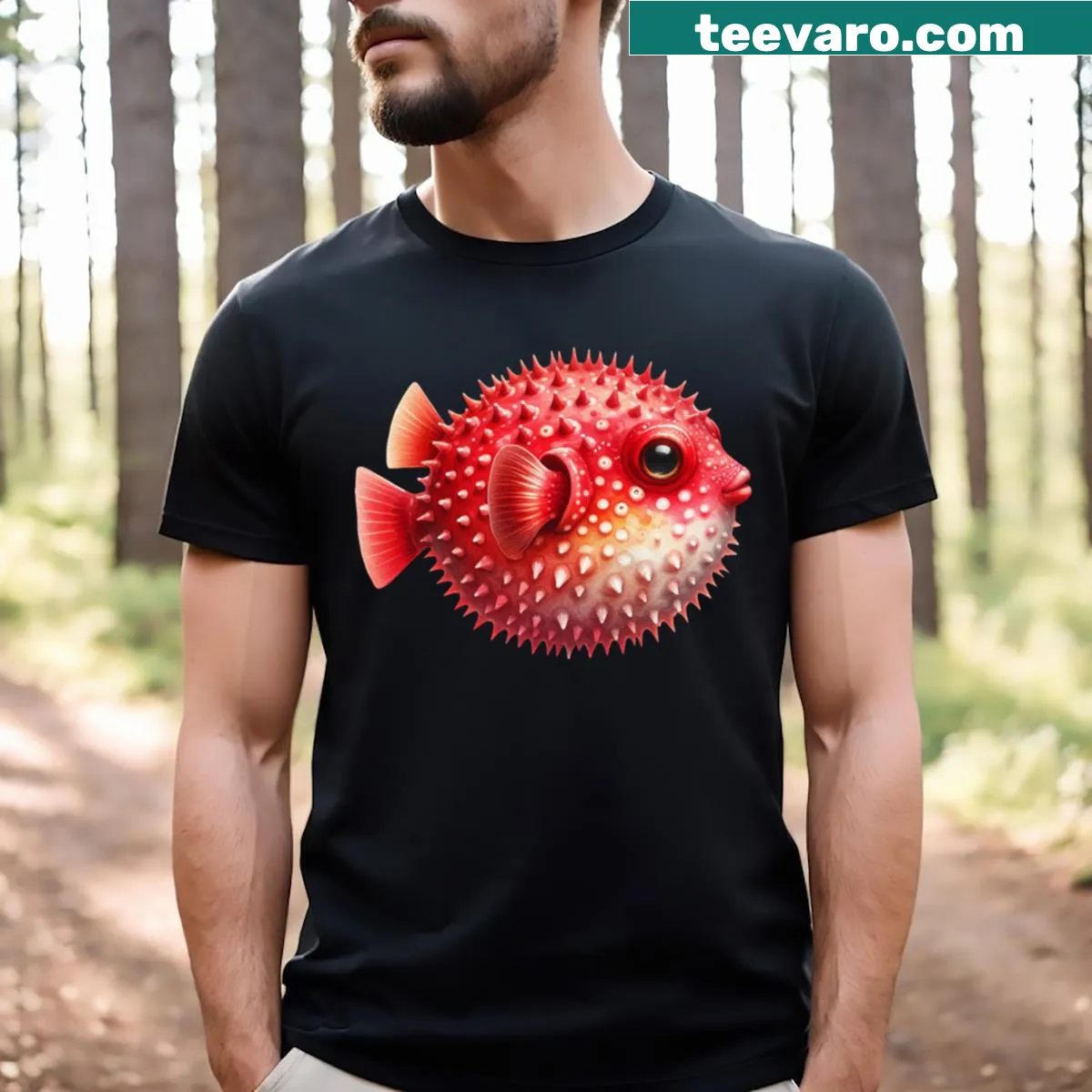 Playful graphic t-shirt featuring a red pufferfish illustration — on a men's t-shirt