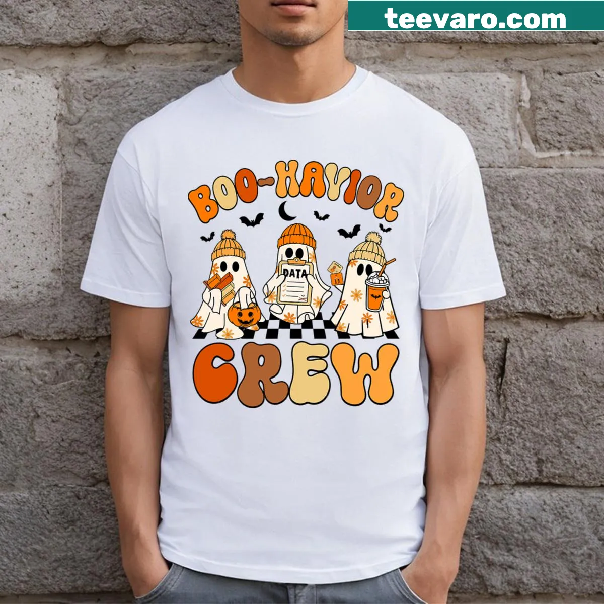 Funny Halloween shirt for behavior analysts with 'Boo Havior Crew' text — on a men's t-shirt