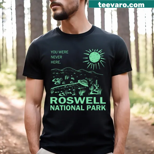 UFO themed t-shirt featuring Roswell National Park and flying saucer