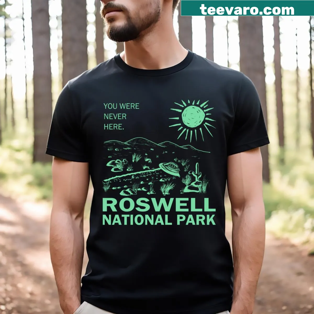 UFO themed t-shirt featuring Roswell National Park and flying saucer — on a men's t-shirt