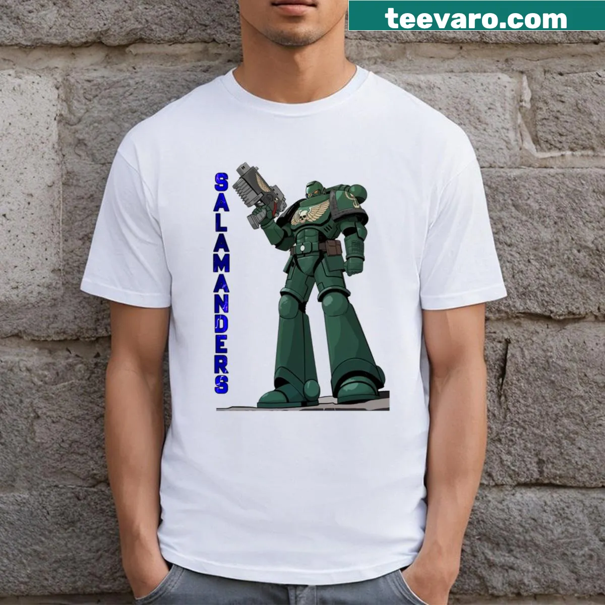 Marine-themed T-shirt featuring a salamander illustration — on a men's t-shirt