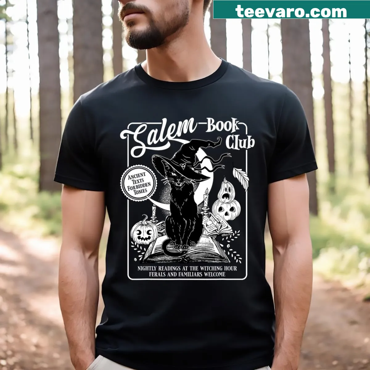 Retro Halloween shirt featuring a witch, black cat, and book club theme — on a men's t-shirt