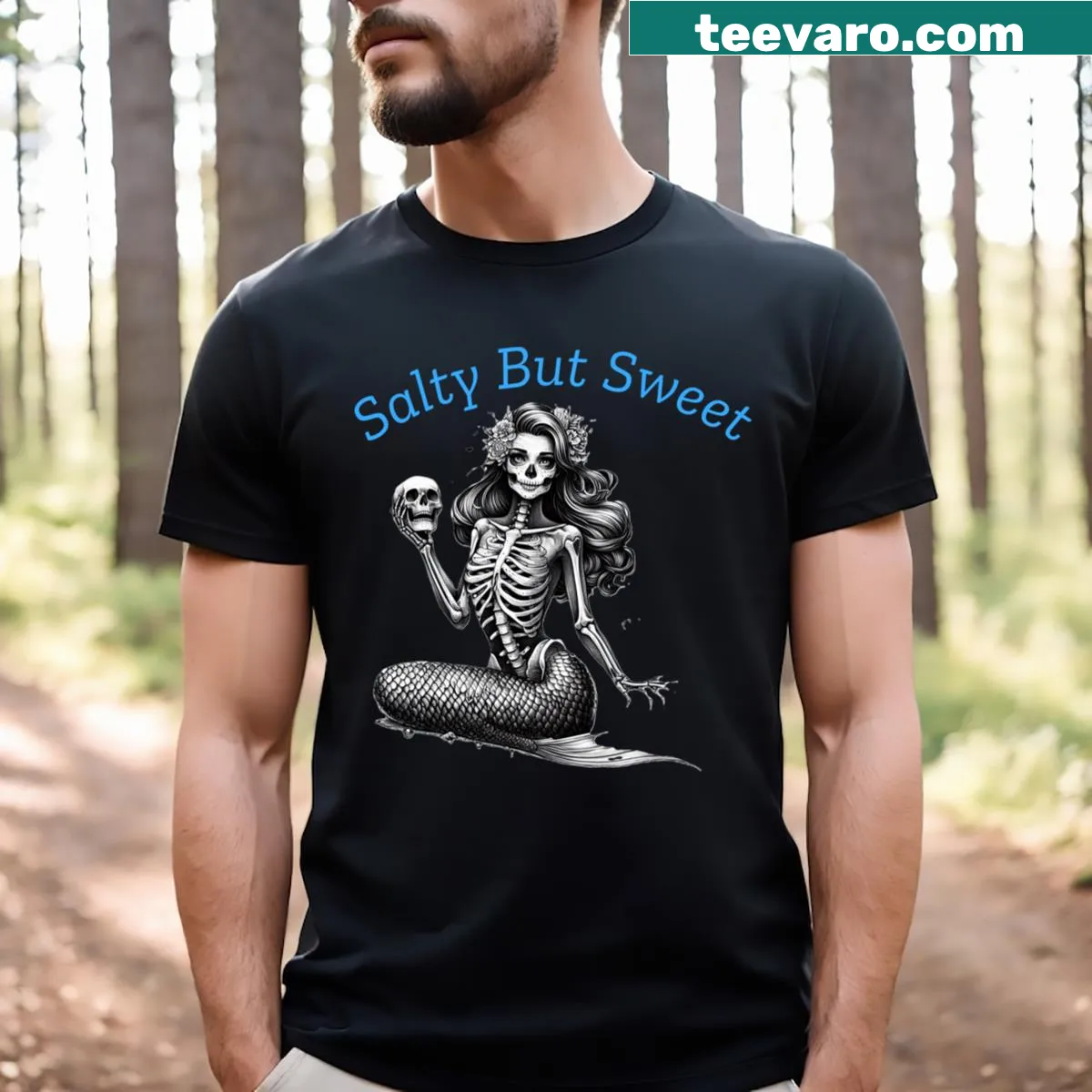 Minimalist mermaid T-shirt featuring a playful duality design — on a men's t-shirt