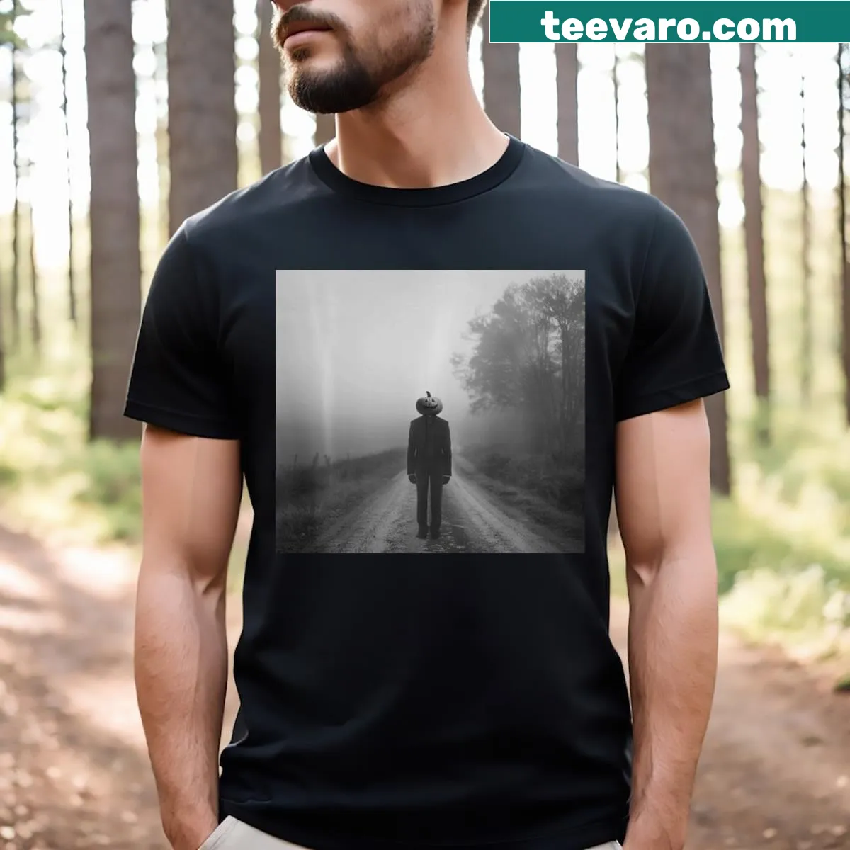 Scary pumpkin head t-shirt for Halloween with a fearsome design — on a men's t-shirt