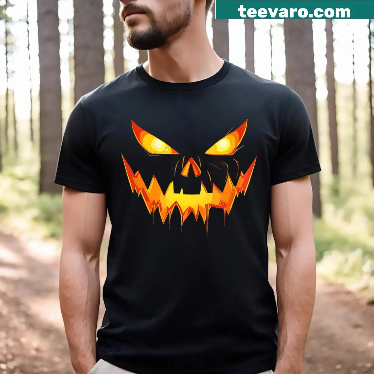 Cartoon Jack O Lantern face t-shirt for Halloween, perfect for kids — on a men's t-shirt