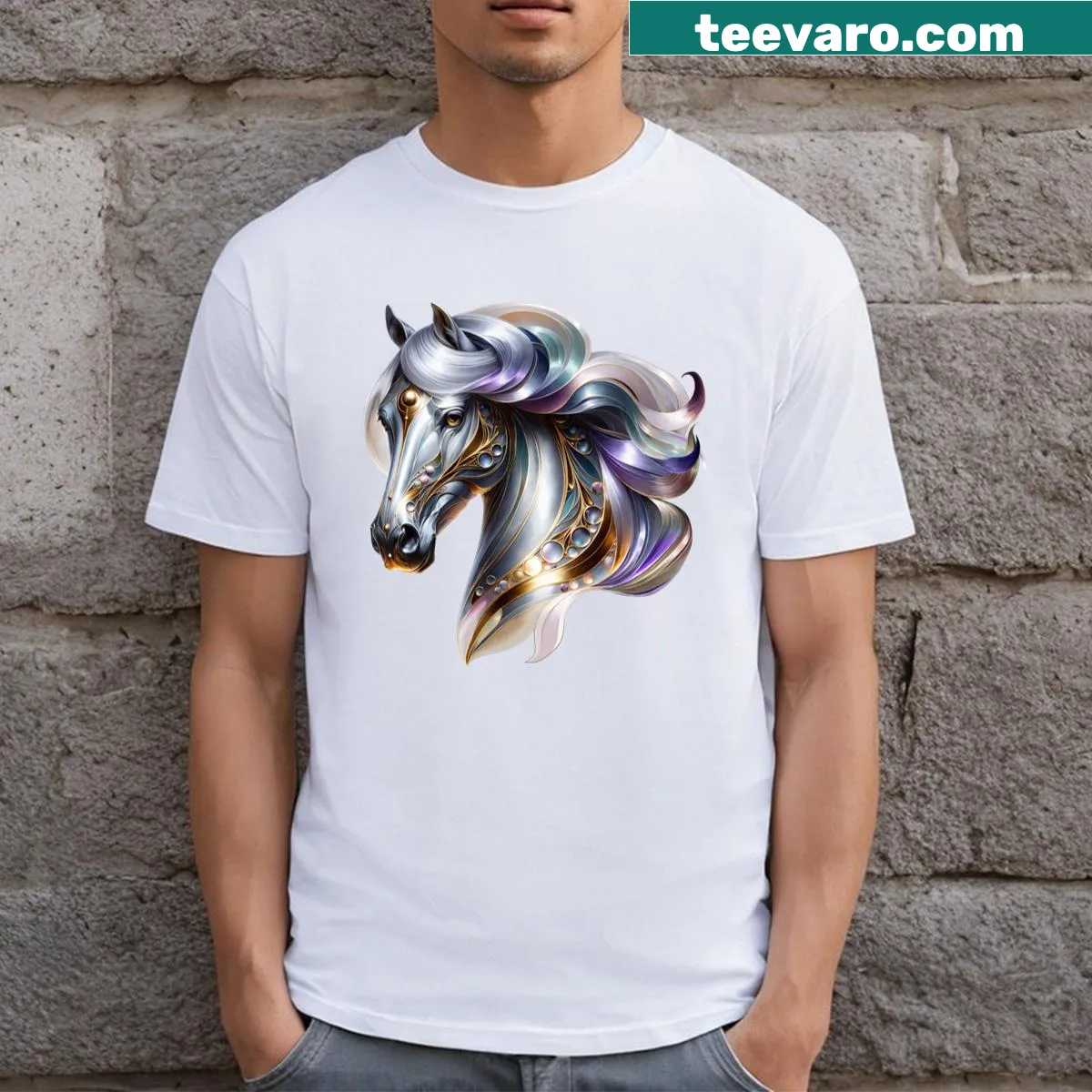 Illustrated Arab horse graphic T-shirt under a moonbeam — on a men's t-shirt