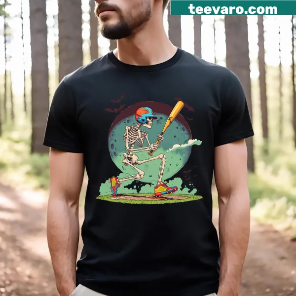 Cartoon skeleton baseball player graphic on a Halloween t-shirt