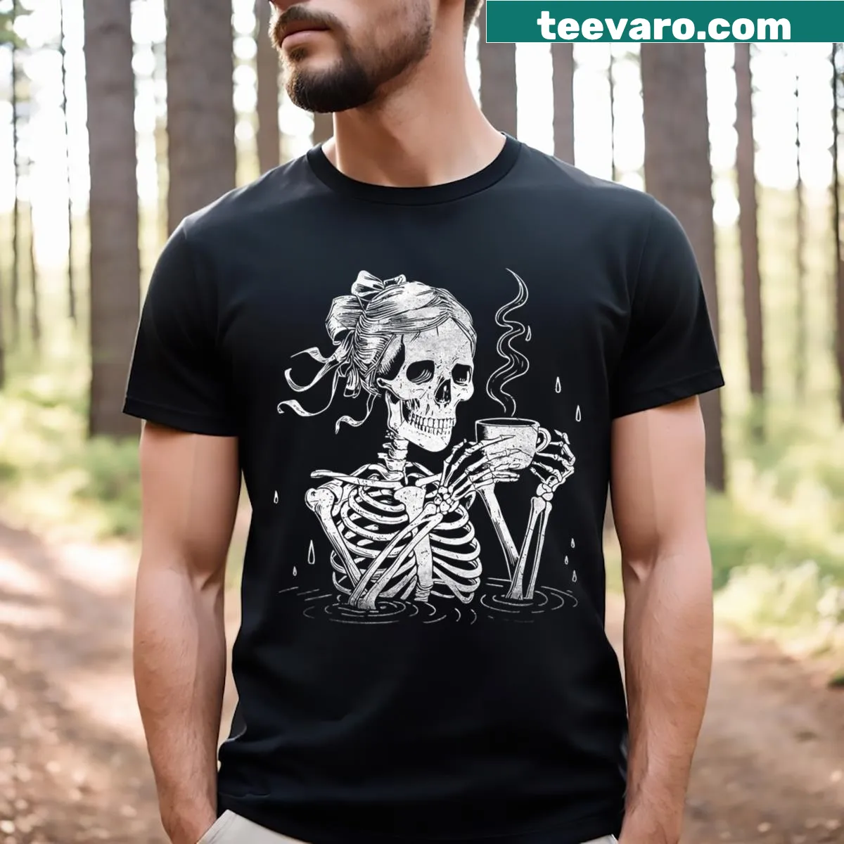 Skeleton with messy bun holding coffee on Halloween T-shirt — on a men's t-shirt