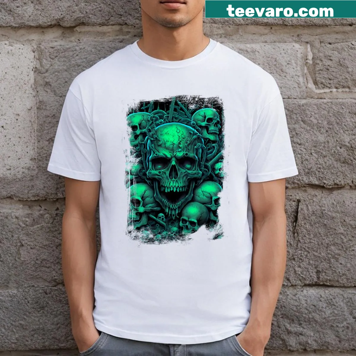 T-shirt featuring an edgy skull graphic for Halloween — on a men's t-shirt