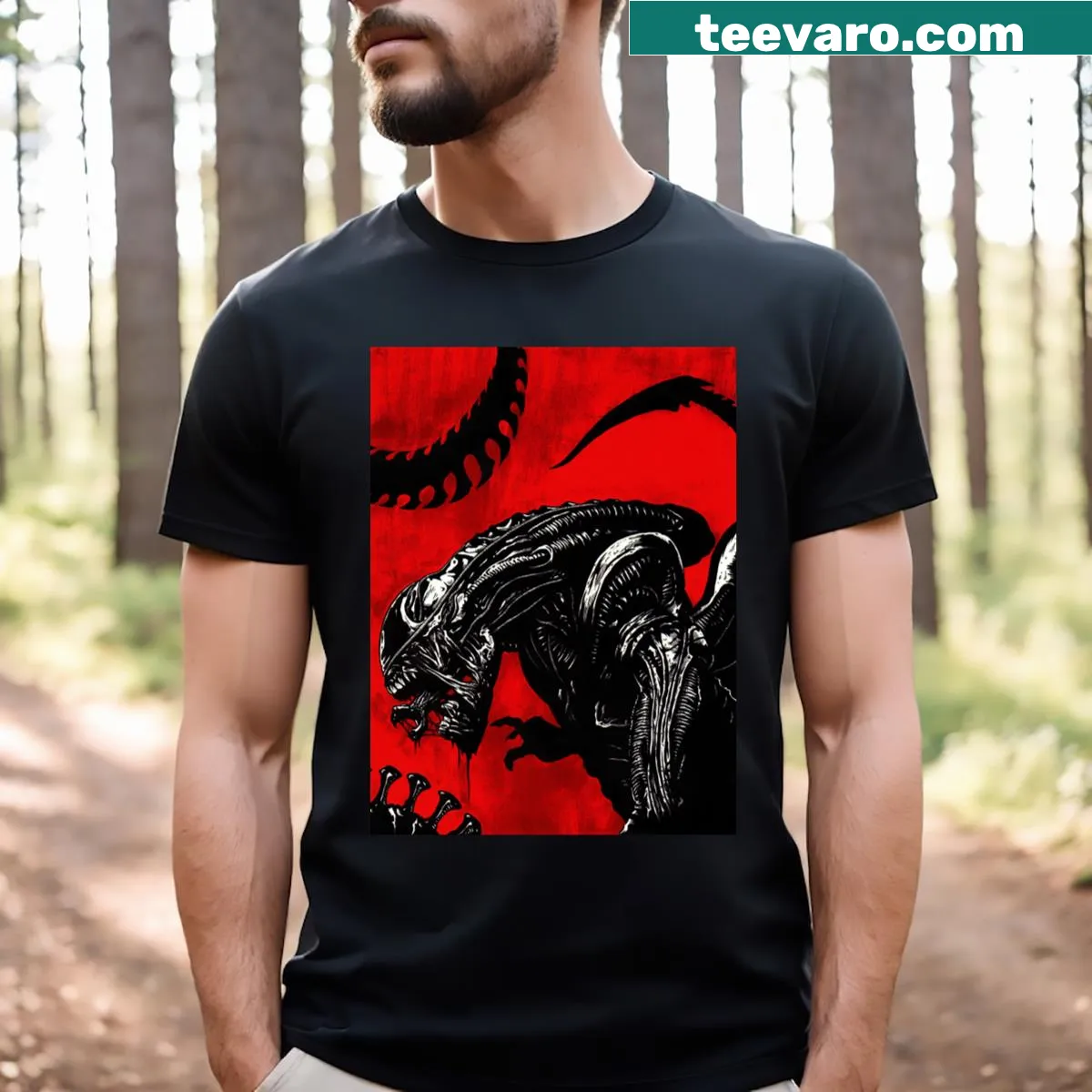 T-shirt featuring a graphic of a slobbering space slasher — on a men's t-shirt