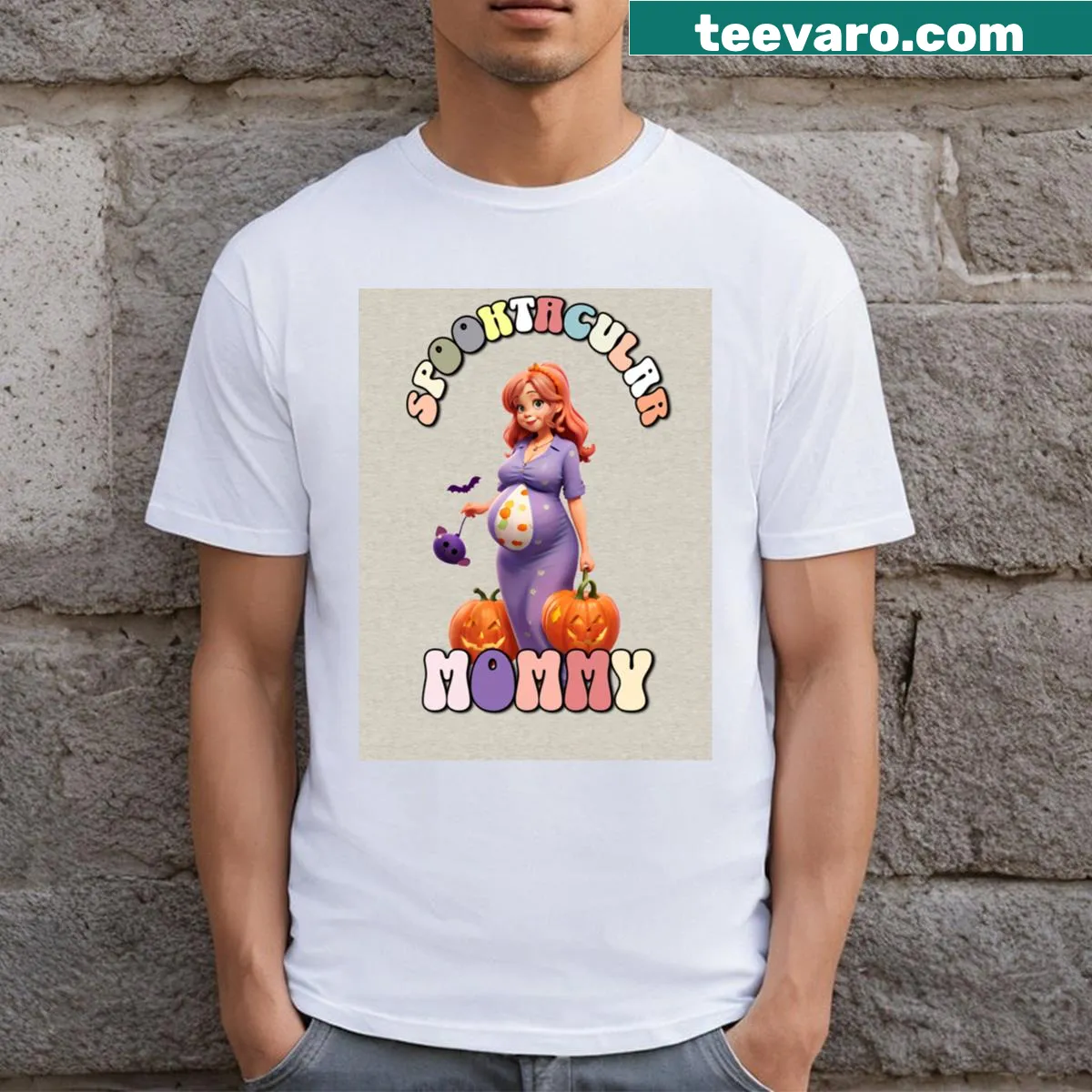 Cute Halloween T-shirt for pregnant moms with Spooktacular Mommy graphic — on a men's t-shirt
