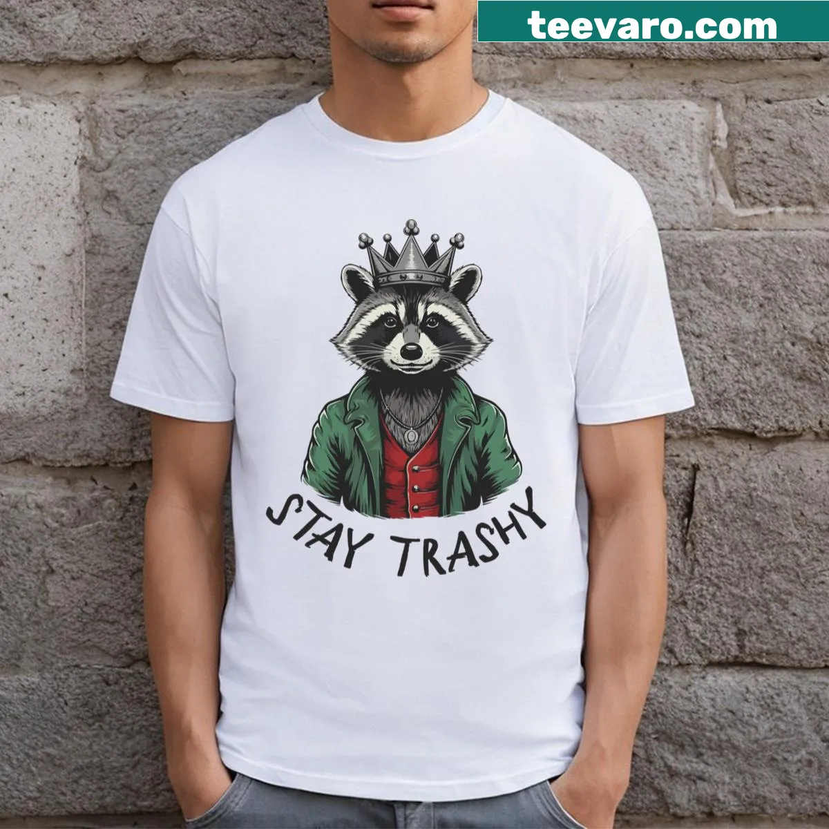 Funny raccoon t-shirt with 'Stay Trashy' text — on a men's t-shirt