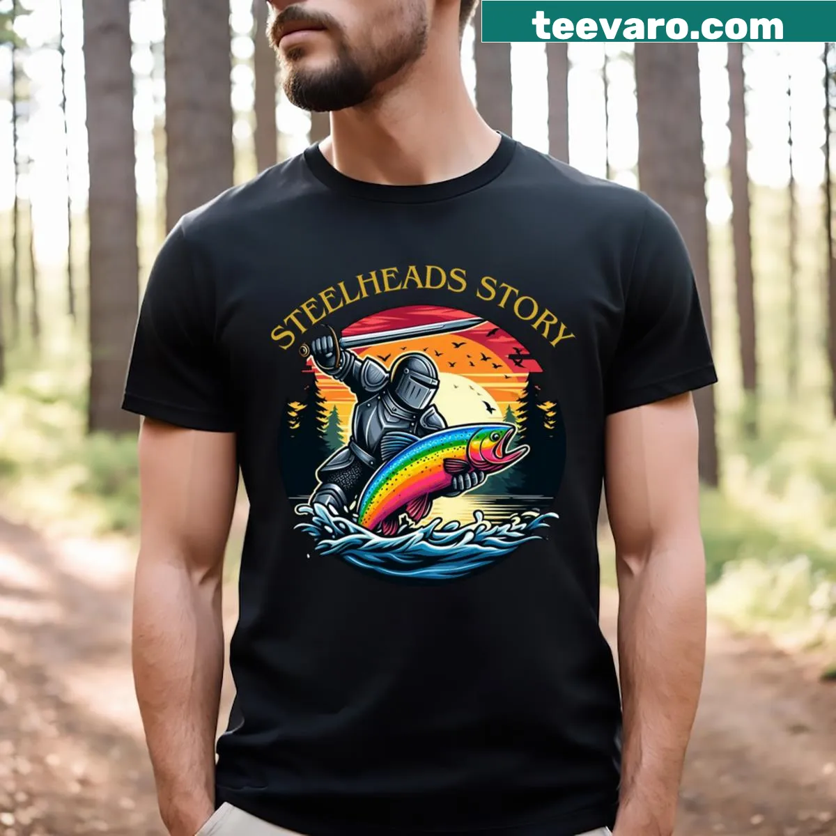 Illustration of a fisherman battling a steelhead on a T-shirt — on a men's t-shirt