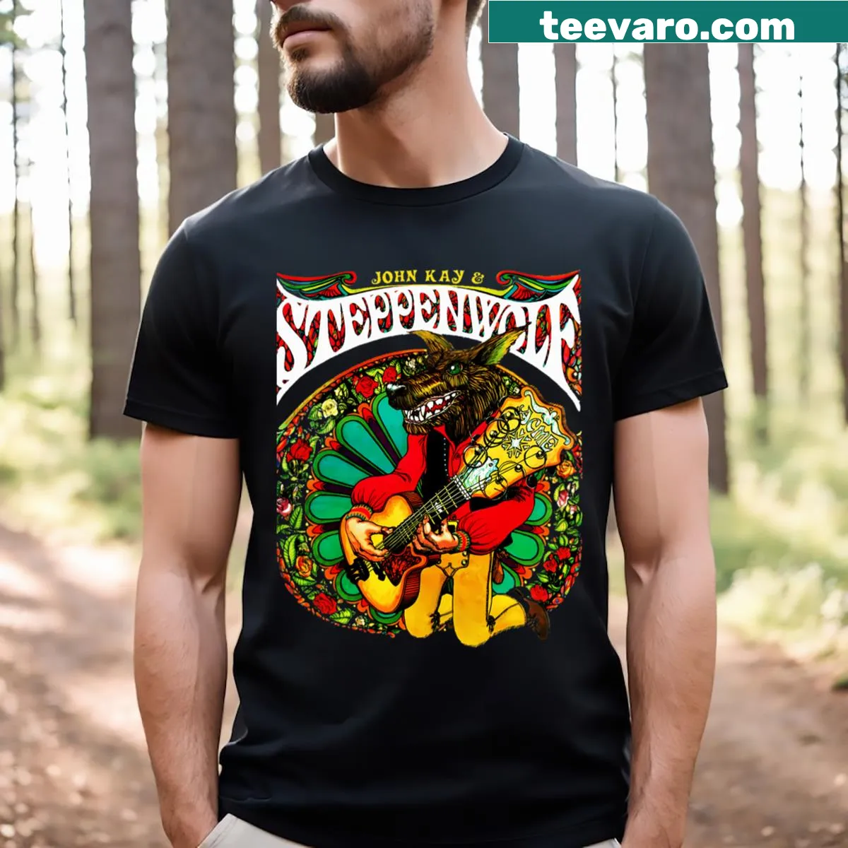Vintage-style graphic of Steppenwolf on a rock band t-shirt — on a men's t-shirt